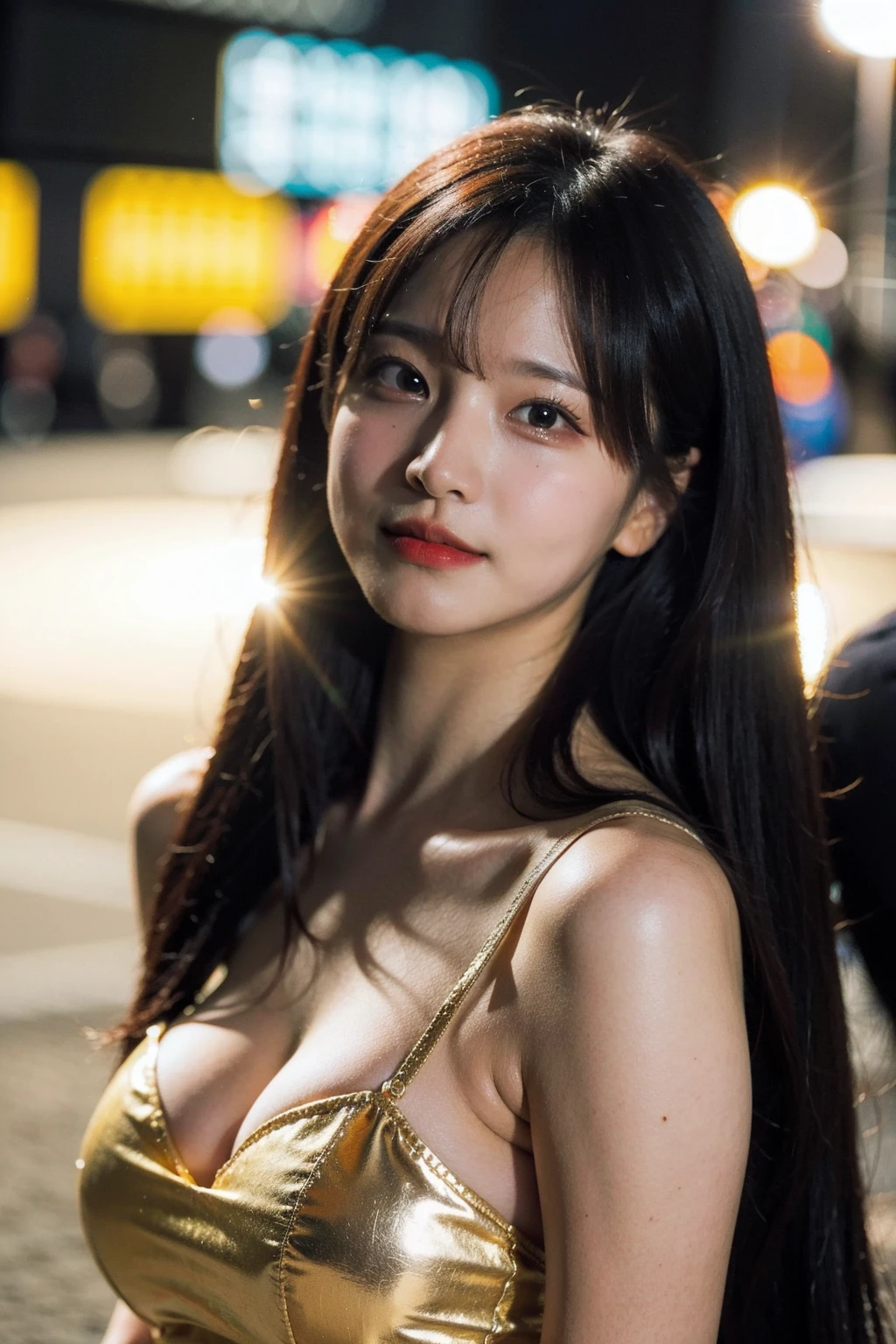 Best quality, masterpiece, ultra high res, (photorealistic), raw photo,1girl, skinny, upper body,solo, realistic, looking at viewer, long hair, bokeh background, city streets, mini dress,  <lora:makina69_parkminjung_v2.0:1>