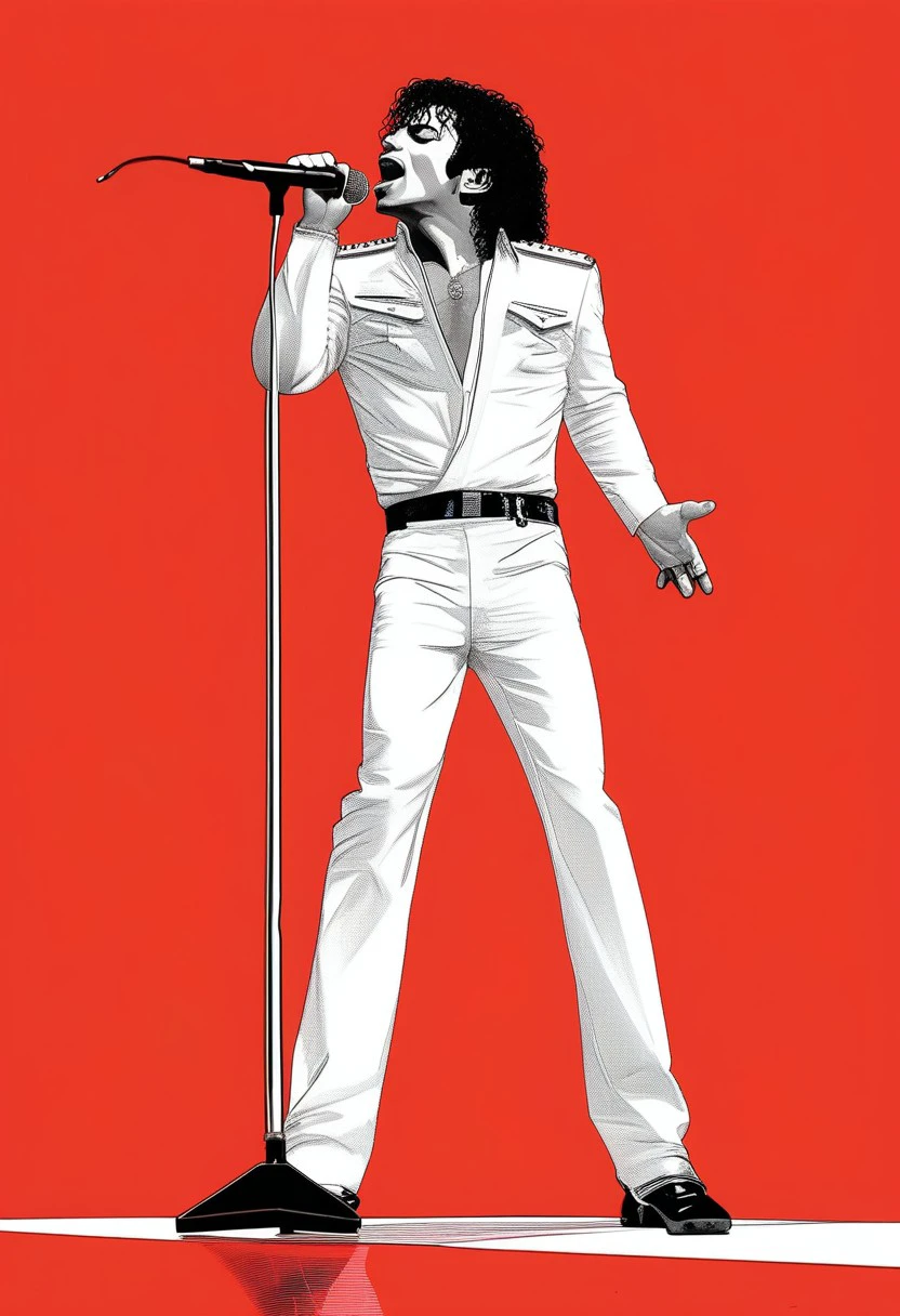 Michael Jackson singing at a standing microphone on a super-wide stage in a really big arena, by conrad roset, greg rutkowski, makoto shinkai, low poly, abstract, style of black and white drawing with red pops of color