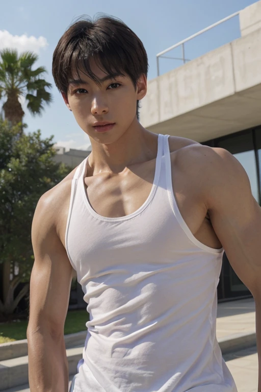 yanlaoma, muscular, solo <lora:NSFWFilter:-1>,  1boy, sleeveless, tank top, shiny_skin, (highres, ultra detailed) ((masterpiece)), ((best quality:1.1)), High Resolution, 8k,1boy, (photorealistic:1.4), 4k, high quality, masterpiece, dynamic poses, looking at viewer  <lora:yanlaoma:0.9>  <lora:oil2.0_2-512-64:0.6>