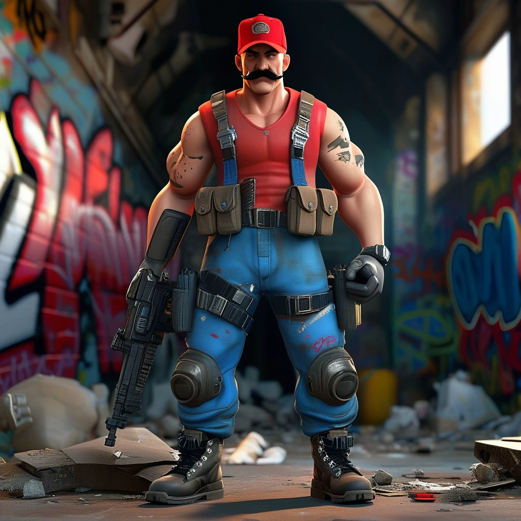 A high-quality, full-body render of a muscular male character in a graffitipunk setting. The character sports a mustache, a red cap, a red short-sleeved shirt, blue overalls with numerous pouches and straps, and black combat boots. He is standing in a heroic pose with clenched fists. The overalls feature added texture, darker blue shading around the inner thighs, and metal attachments. A gun is holstered to his right thigh, and he wears futuristic gloves. The background is a dark and blurred graffiti-laden ruins, with rubble and debris in the foreground, creating an atmosphere of dark fantasy and drawing focus to the vibrant character., cinematic, dark fantasy, graffiti