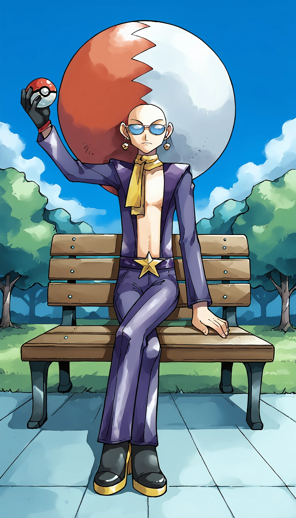 score_7_up, score_6_up, source_anime, ken sugimori, watercolor \(medium\)
BREAK
mirorb, 1boy, solo, very wide shot, full body, crossed legs, afro, two-tone hair, frown, sitting, one arm up, arm at side, holding poke ball, looking at viewer, sunglasses, scarf, purple suit, purple pants, (single glove:1.1), high heels, earrings, bench, sitting on bench, detailed background, park, grass, tree, outdoors, day, blue sky, cloud <lora:mirorb:1>  <lora:KenSugimoriPony:1>