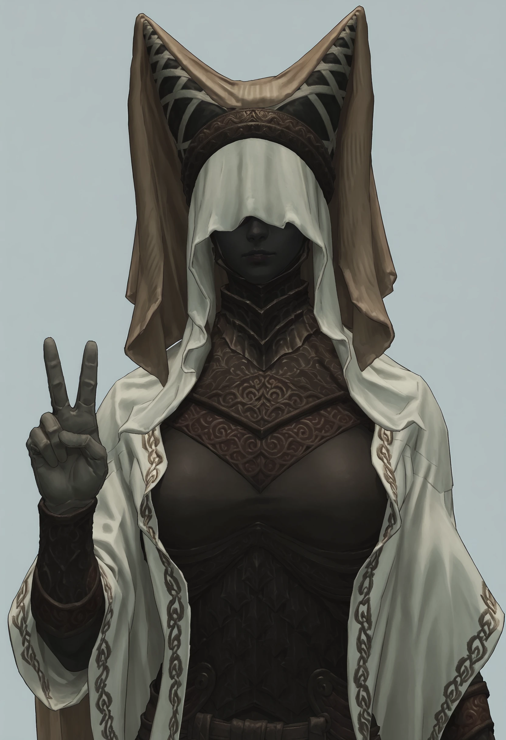 score_9, score_8_up, score_7_up, score_6_up, score_5_up, score_4_up, 1girl,  <lora:NightMaiden:0.85> solo, large breasts, colored skin, black skin, faceless, veil, helmet, robe, armor, gloves, cape, upper body, front view, v sign, 
(light blue background:1.15), simple background,