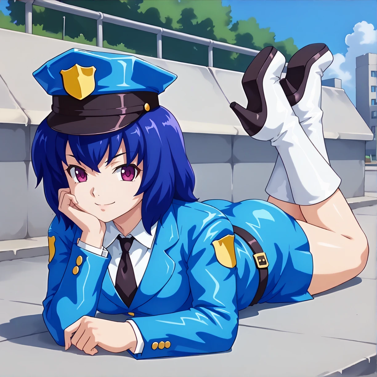 <lora:MSPAoiXLpony001>,
smile,
solo,
MSPAoi,1girl,blue hair,medium hair,red -purple eyes,
police hat,
police_uniform,blue jacket,necktie,
belt,blue skirt,mini skirt,
white boots,
white boots,high_heel_boots,
outdoors,
full body,on stomach,the_pose,