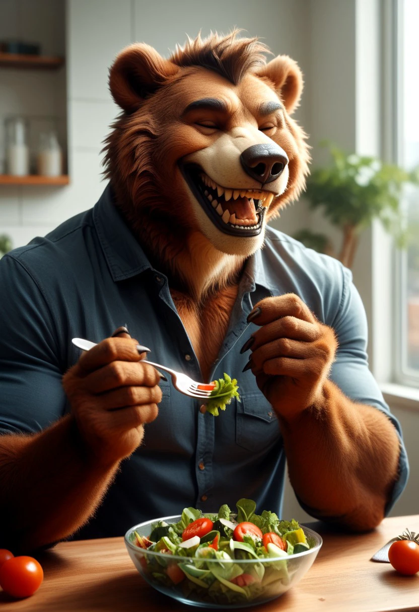 score_9, score_8_up, score_7_up, source_furry, 1boy, solo, BREAK 
Bear man, furry, eyes open, masculine, muscular, eating salad, holding fork, laughing