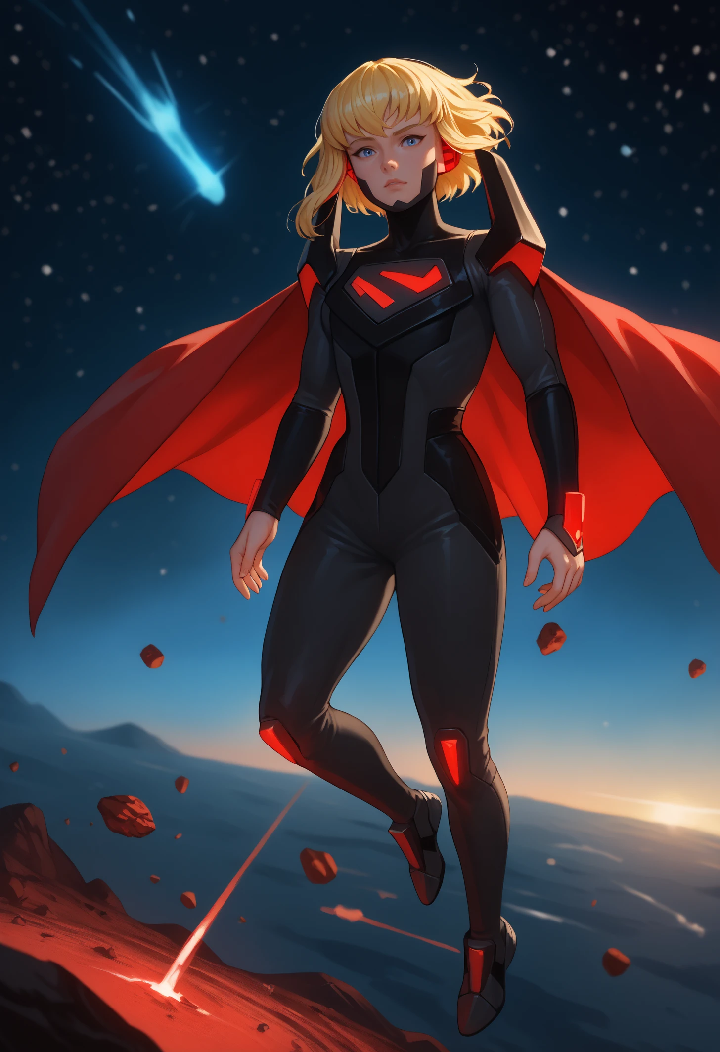 score_9, score_8_up, score_7_up, 1girl, solo, karazoreldef, blue eyes, short hair, blonde hair, medium breasts, toned, 
karazorelfit, red earpiece, red cape, red glow, black two-tone bodysuit, shoulder armor, 
looking at viewer, full body,
space, asteroid field, floating, airborne,
<lora:Kara-Zor-ElPDXL_V1-Manityro-CAME:1.0>