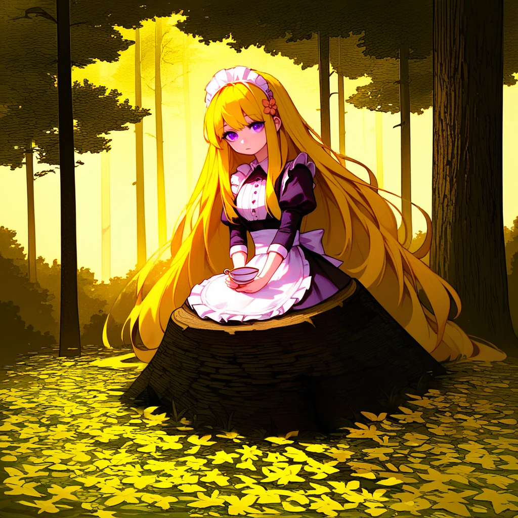 <lora:asdf (10):1>,1girl,solo,full body,looking at viewer,very long hair,blonde hair,maid headdress,maid apron,expressionless,forest,sitting,sitting on a tree stump,holding cup, teacup, spilling tea cup, flower, purple eyes,, score_9, score_8_up, score_7_up, perfect anatomy, source_anime, zPDXL2,