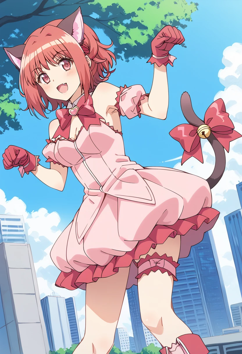 score_9, score_8_up, score_7_up, source_anime BREAK
mew ichigo, 1girl, cat ears, cat tail, tail ornament, pink choker, tail bow, short hair, paw pose, solo, smile, pink eyes, pink hair, red hair, red eyes, red gloves, leg garter, red bow, thigh strap, looking at viewer, tail bell, standing, long hair, pink bow, puffy detached sleeves, garters, tail ribbon, pink dress, bowtie, bare shoulders, detached sleeves, pose, open mouth, fang, pink legwear, blush, pink gloves, detached collar, pink skirt, bubble skirt, pink footwear, knee boots, eyebrows visible through hair, light smile, blue sky, city, depth of field, tree, building, bridal garter, cat girl, medium breasts, puffy short sleeves, hands up, from below
<lora:mew_ichigo_momomiya_ichigo_sdxl_locon_pony_v1:0.7>