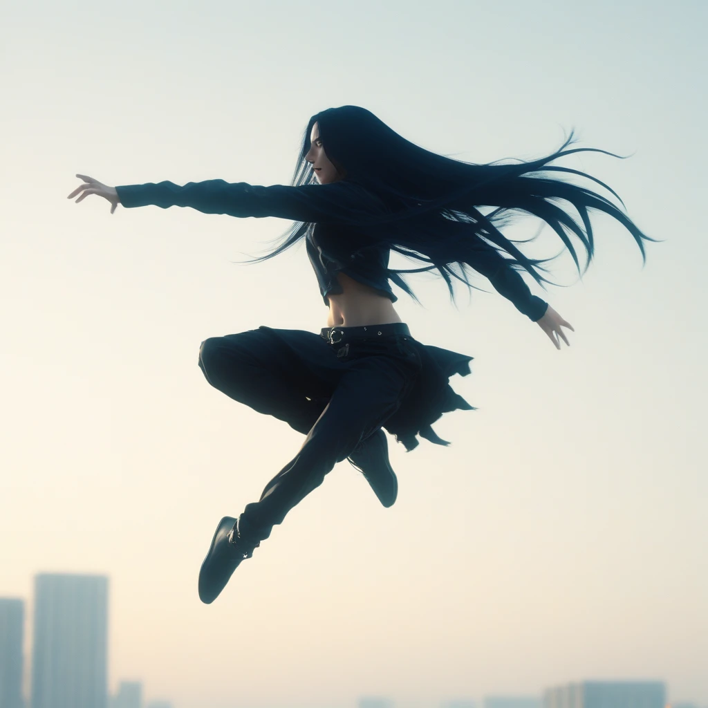 D4NC3RS, a woman with long black hair jumping in the air, arms up, dancing, cinematic angle, cinematic lighting, best quality, masterpiece