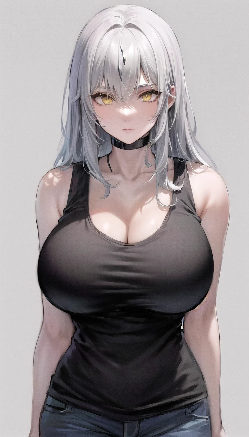 eyes visible through hair,white hair,yellow eyes,
(tank top:1.28),
lady,mature female, cowboy shot,
(white background,simple background:1.18),
highres,official art,original,masterpiece,best quality,
(huge breasts),
<lora:lyfe2:0.8>