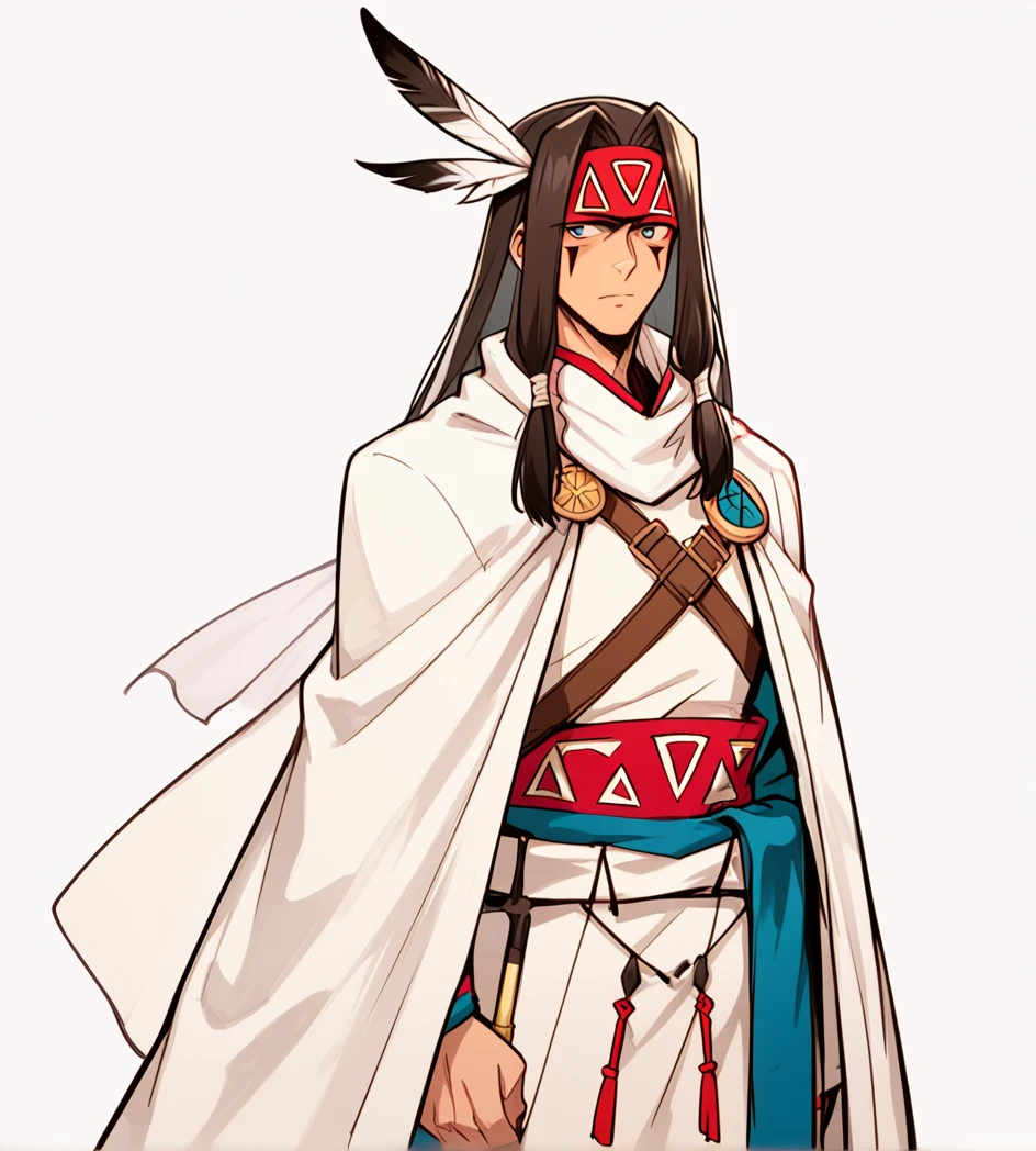 score_9, score_8_up, score_7_up, source_anime, rating_questionable, 1man, solo, simple bg, 

silva_sk, simple background, white background, standing, full body, headband, facial mark, feathers, white cloak, feather hair ornament, native american