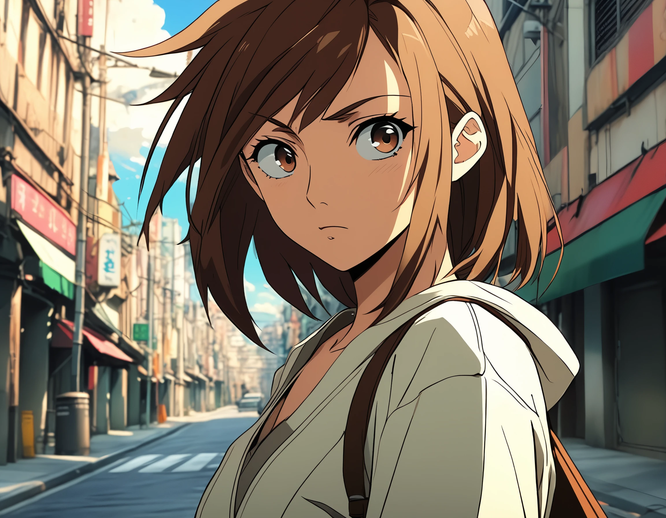 anime character with brown hair wide eyes and a determined expression set against a backdrop of a city street, masterpiece