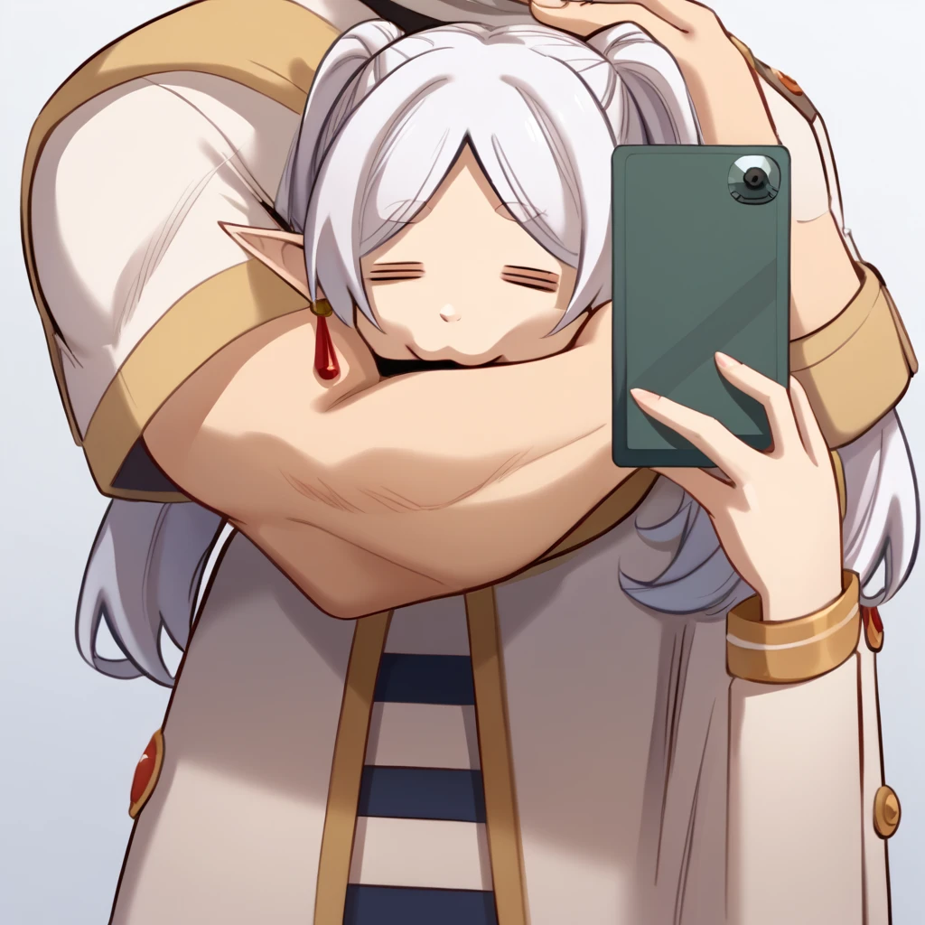 score_9, score_8_up, score_7_up, source_anime, 1boy, 1girl, FlxngArndHdMeme, selfie, hug, hug from behind, holding phone, muscular, close-up, flexing, <lora:FlexingAroundHeadMeme_pdxl_Incrs_v1:1>, <lora:ChamFrierenPonyXLCame:0.85>, FrierenBase, white hair, long hair, twintails, earrings, white capelet, striped shirt, long sleeves, <lora:ChamElfExpressionPonyXL:1.2>, =w=, :3, = =, eyes closed