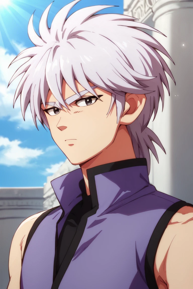 score_9,score_8_up,score_7_up,source_anime,HD, 1boy,solo,Hyunckel,lavender hair, black eyes, outdoors, looking at viewer, light rays, close-up, standing, purple clothes, sleeveless, upper body<lora:EMS-416500-EMS:1.000000>