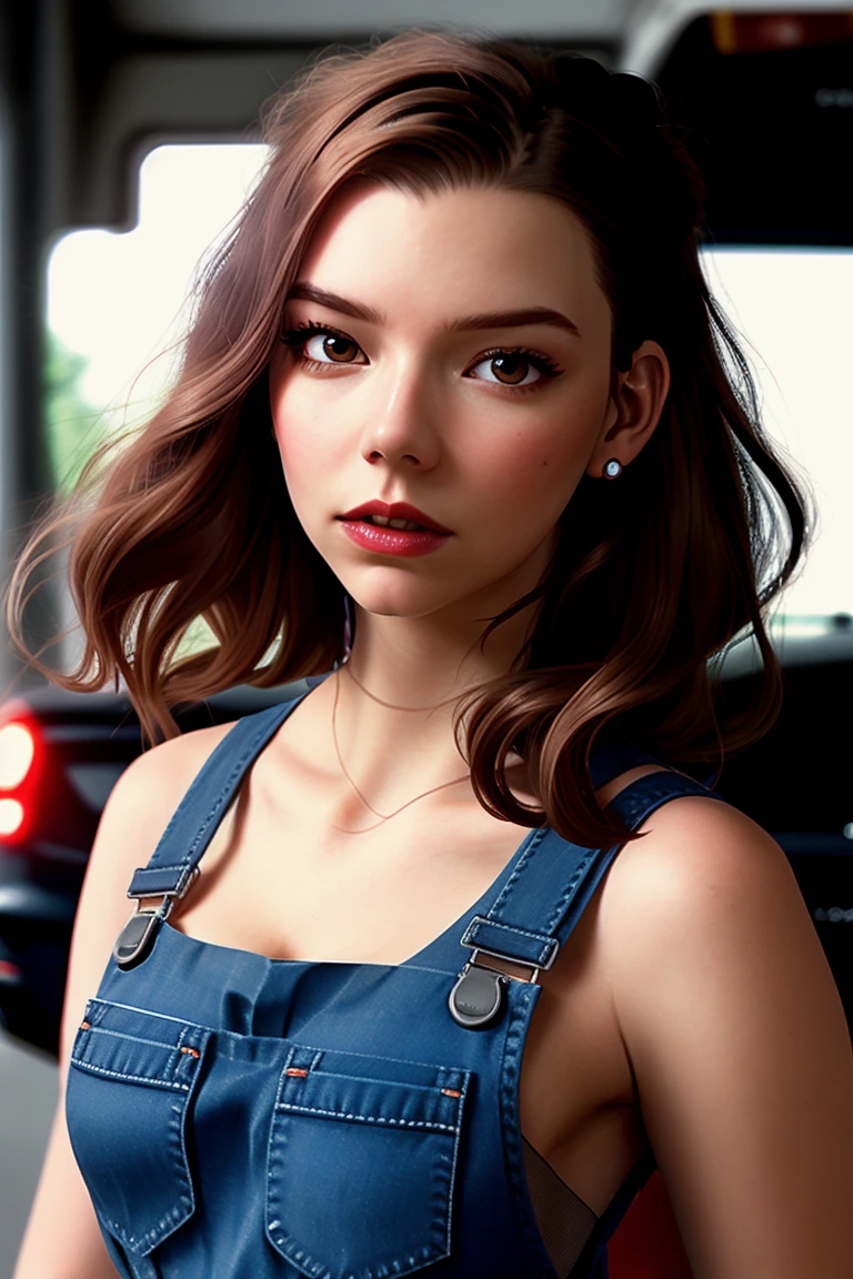 anyataylorjoy-4230, ((detailed skin, detailed face):1.2), ((detailed eyes, beautiful eyes):1.2), ((red lipstick, eyeliner, eye shadow, blush)), photo of a woman, overalls, car, garage, smiling, wrench, ((mechanic, short hair)),