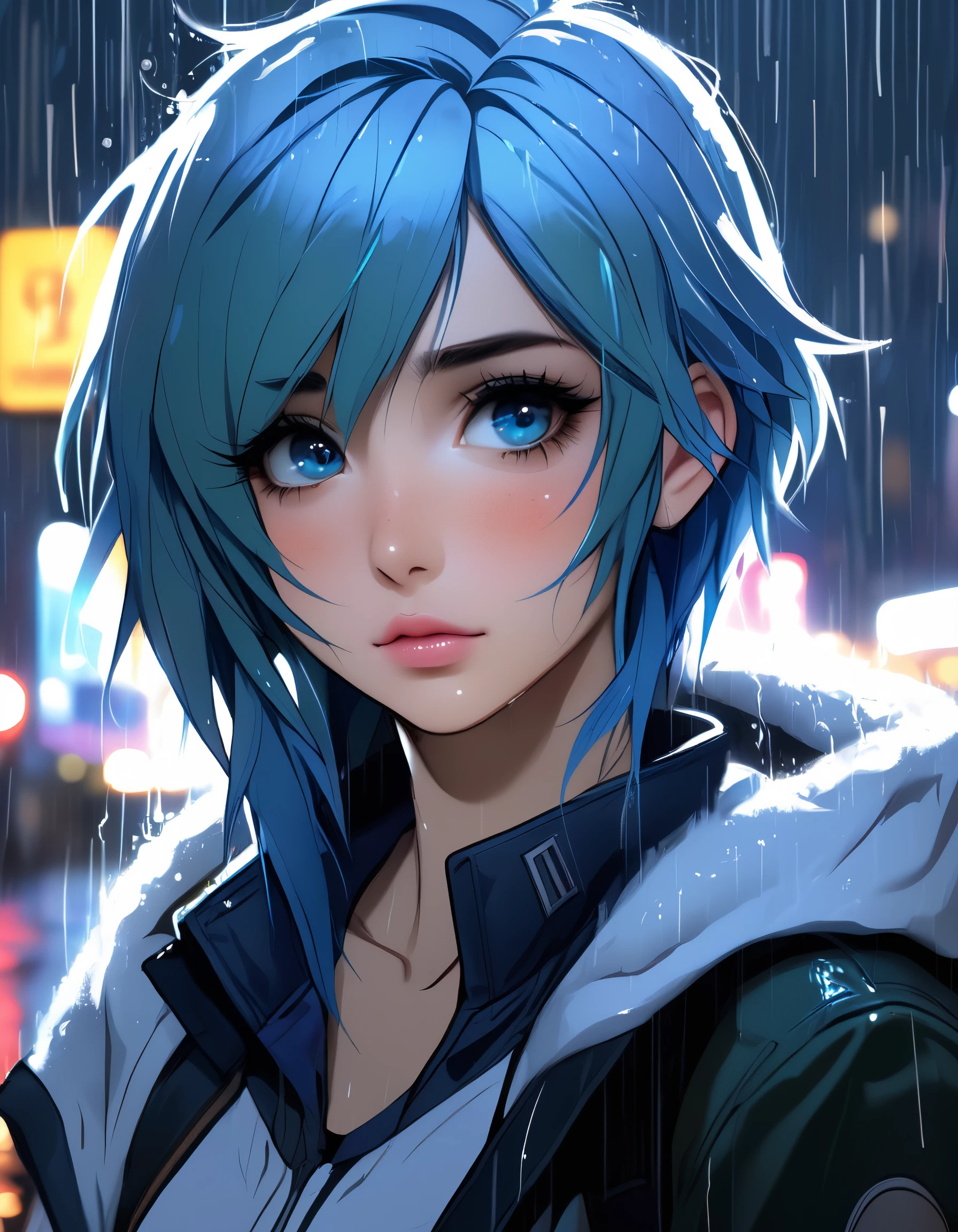 digital art of a female character with blue hair and a tearful expression set against a dark rainy background, anime studio