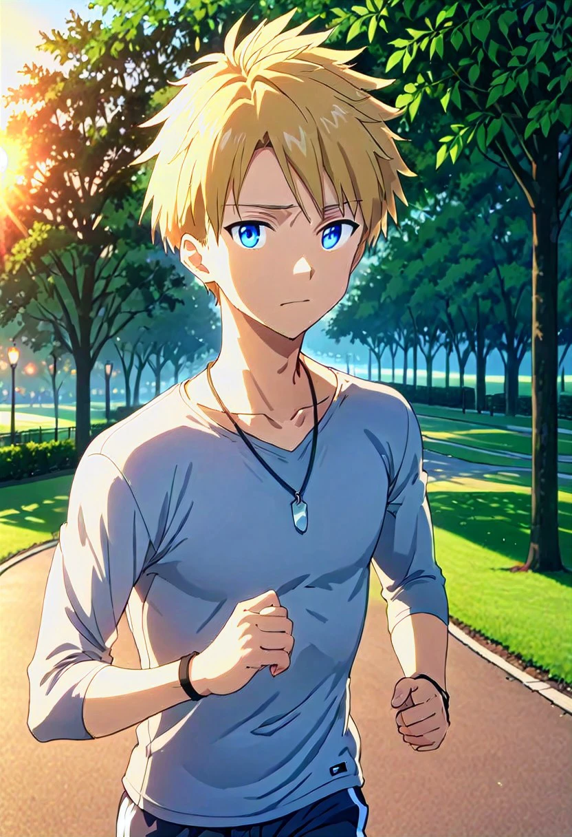 high resolution, solo, best quality, 1Boy, Yamato Ishida, Blonde Hair, Blue Eyes, Necklace, Jogging, park, sunrise, fitness,