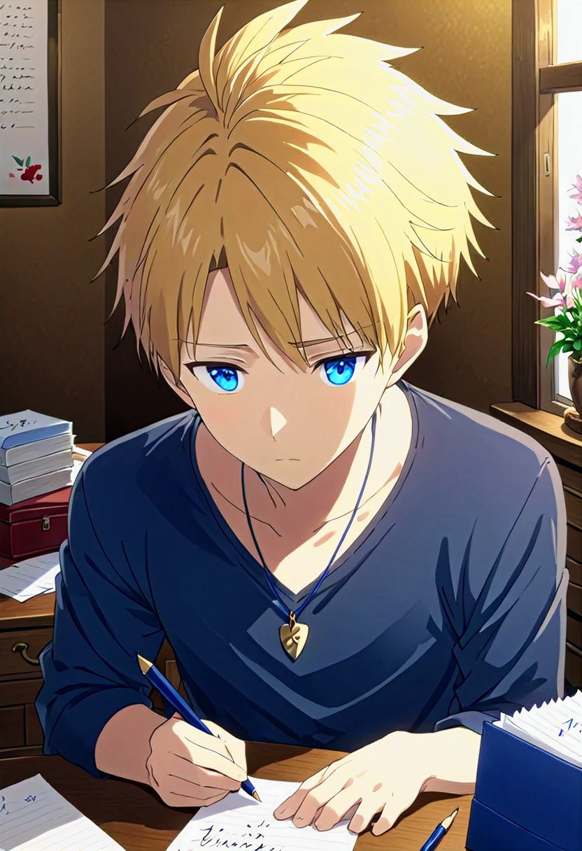 high resolution, solo, best quality, 1Boy, Yamato Ishida, Blonde Hair, Blue Eyes, Necklace, Writing a letter, stationery, heartfelt, personal,