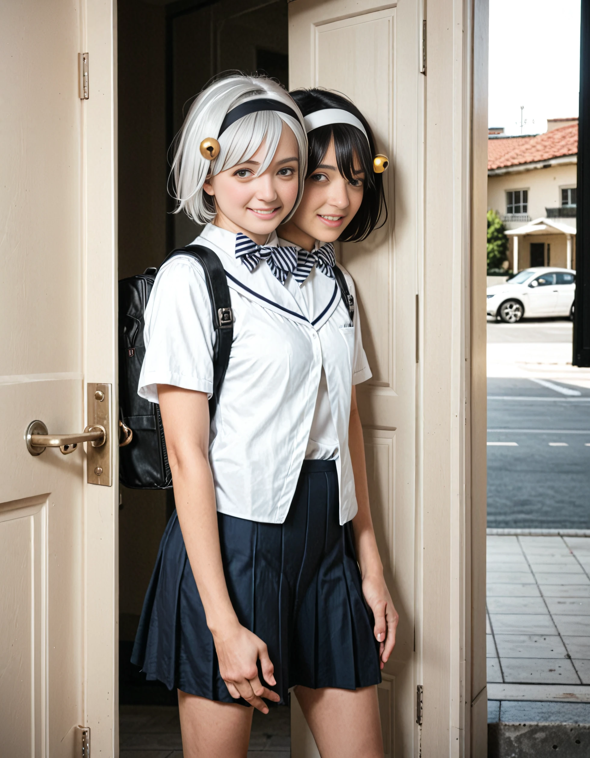 score_9, score_8_up, score_7_up, score_6_up, raw photo, source_realistic, standing in an apartment doorway, <lora:natsufuyu2-pxl:1>, natsufuyu, hairband, skirt, school uniform, blush, short hair, smile, shoes, pleated skirt, bowtie, bell, black hair, white hair, silver eyes, yellow eyes