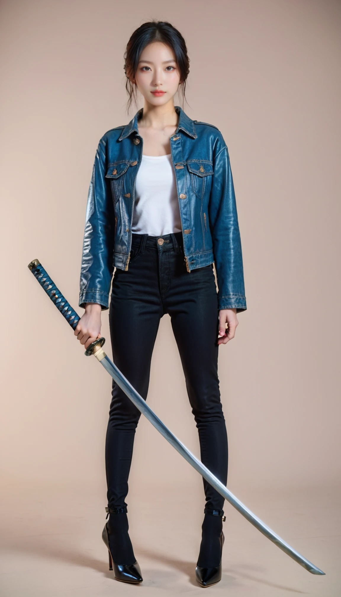 1girl, (katana, holding katana), black hair,  bare legs, denim jacket, jeans shorts,   stand, realistic, photorealistic, simple background,  full body, high heels,  masterpiece, best quality, 8k, score_9, score_8_up, score_7_up, white background, 
<lora:katana-2:1>