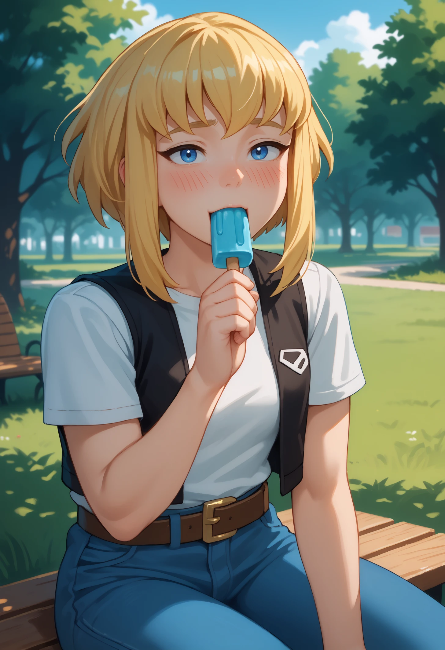 score_9, score_8_up, score_7_up, 1girl, solo, karazoreldef, blue eyes, short hair, blonde hair, medium breasts, toned,
black vest, white t-shirt, belt, denim jeans,
looking at viewer, smile, looking pleasured, bedroom eyes, blush, eating popsicle, food, holding popsicle, orange popsicle, fellatio, deepthroat,
outdoors, park,
<lora:Kara-Zor-ElPDXL_V1-Manityro-CAME:1.0>