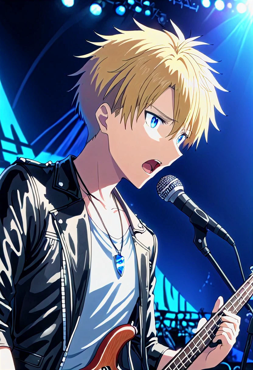 high resolution, solo, best quality, 1Boy, Yamato Ishida, Blonde Hair, Blue Eyes, Necklace, Black Leather, vocalist, bass, bassist, performance, singing,