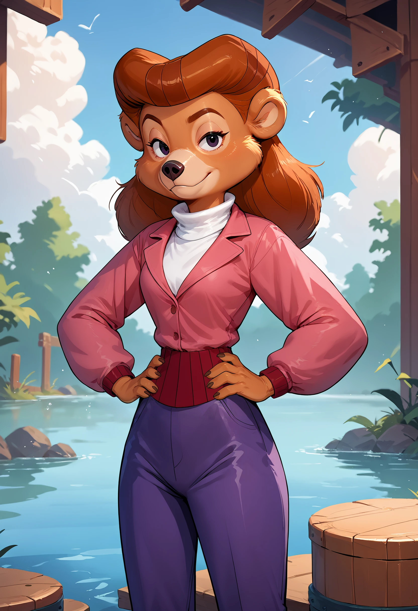 <lora:RebeccaCunningham_PonyXL_v1:1>, score_9, score_8_up, score_7_up, rating_safe, source_furry, solo, rebecca cunningham, anthro, bear, brown hair, white turtleneck, pink jacket, purple pants, cowboy shot, wooden docks, water, hands on hips, looking at viewer, lidded eyes