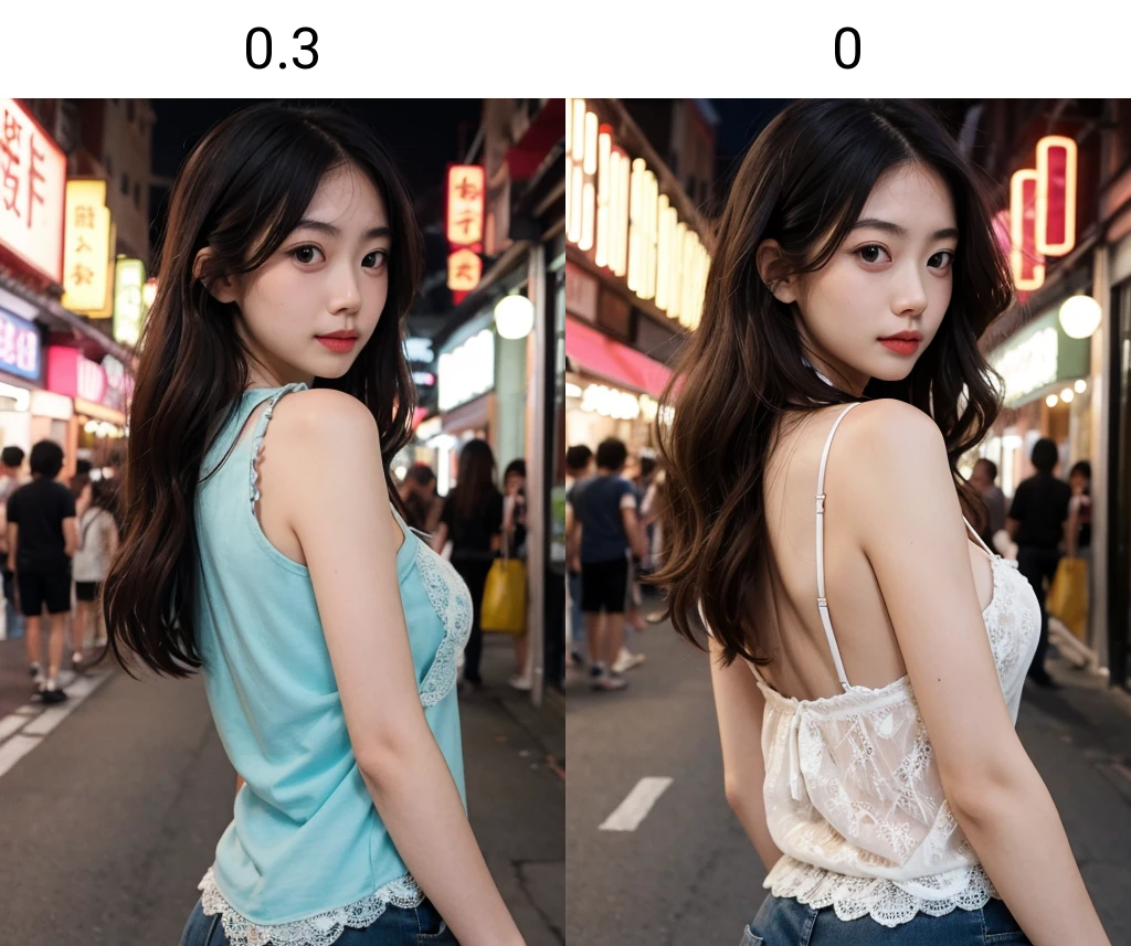 (((masterpiece))), (((best quality))), 8k, highres, upper body, beautiful detailed face, from side, looking back, bent over, 1girl, brown hair, wavy hair, sidelocks, ulzaang, cleavage, asian, cleavage, lace camisole, shorts, walking, storefront, shopping street, vandors, narrow roadside, signboard lights, crowd,<lora:cuteasiangirlstyle:0.3>