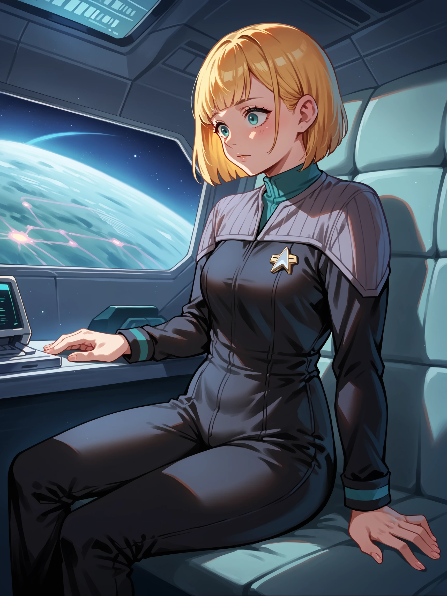 score_9, score_8_up, score_7_up, score_6_up, score_5_up, 1girl,sitting in a command chair on a spaceship,short yellow hair,bangs,long sleeves,black pants,spaceship interior, futuristic, scifi, machinery,young woman,ds9st,black and grey star trek uniform,grey shoulders,teal neck,teal strip at wrist,black jumpsuit,long black sleeves,black pants<lora:ponyDS9:0.8>