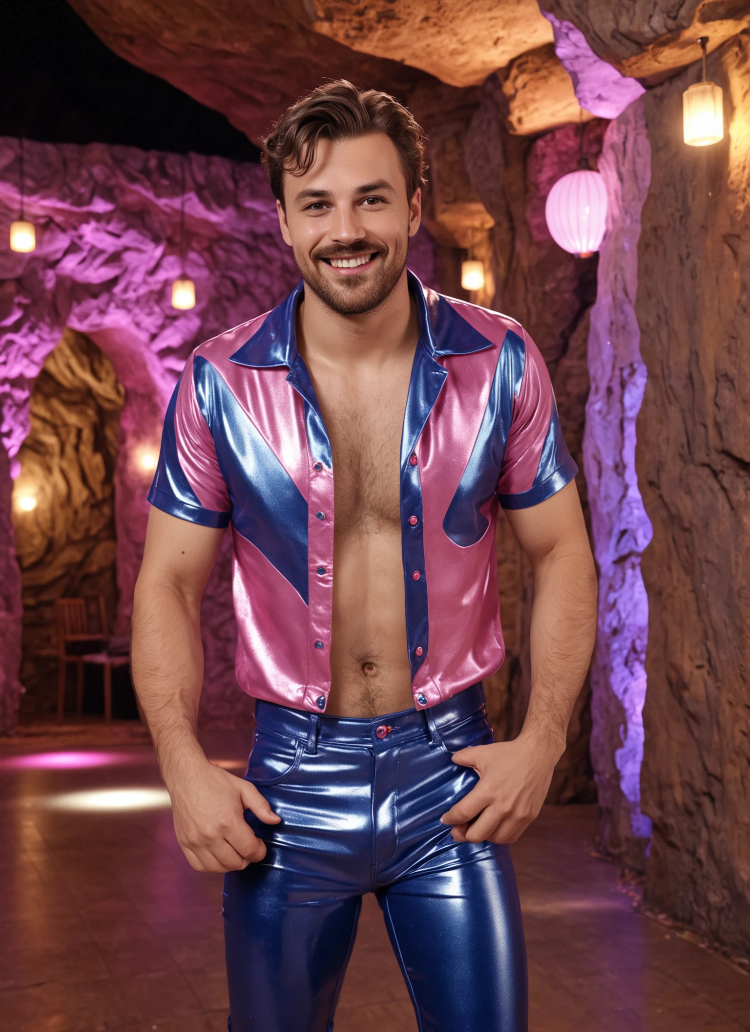 photorealistic 8k raw photo of a man, zdnlz, Retro Roller Disco Outfit, smile, dynamic pose, perfect sharp eyes, highly detailed skin texture, Candle-lit Cave Exteriors, <lora:DoNLoRa XL - 03:1>