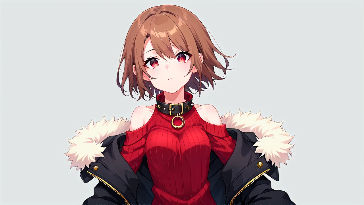 score_9, score_8_up, score_7_up, source_anime,
charaSF, 1girl, solo, short hair, brown hair, red eyes, collar, black jacket, off shoulder, fur trim, red sweater, ribbed sweater, turtleneck, shoulder cutout, long sleeves, black shorts, wallpaper,
best_quality, masterpiece, anime style
