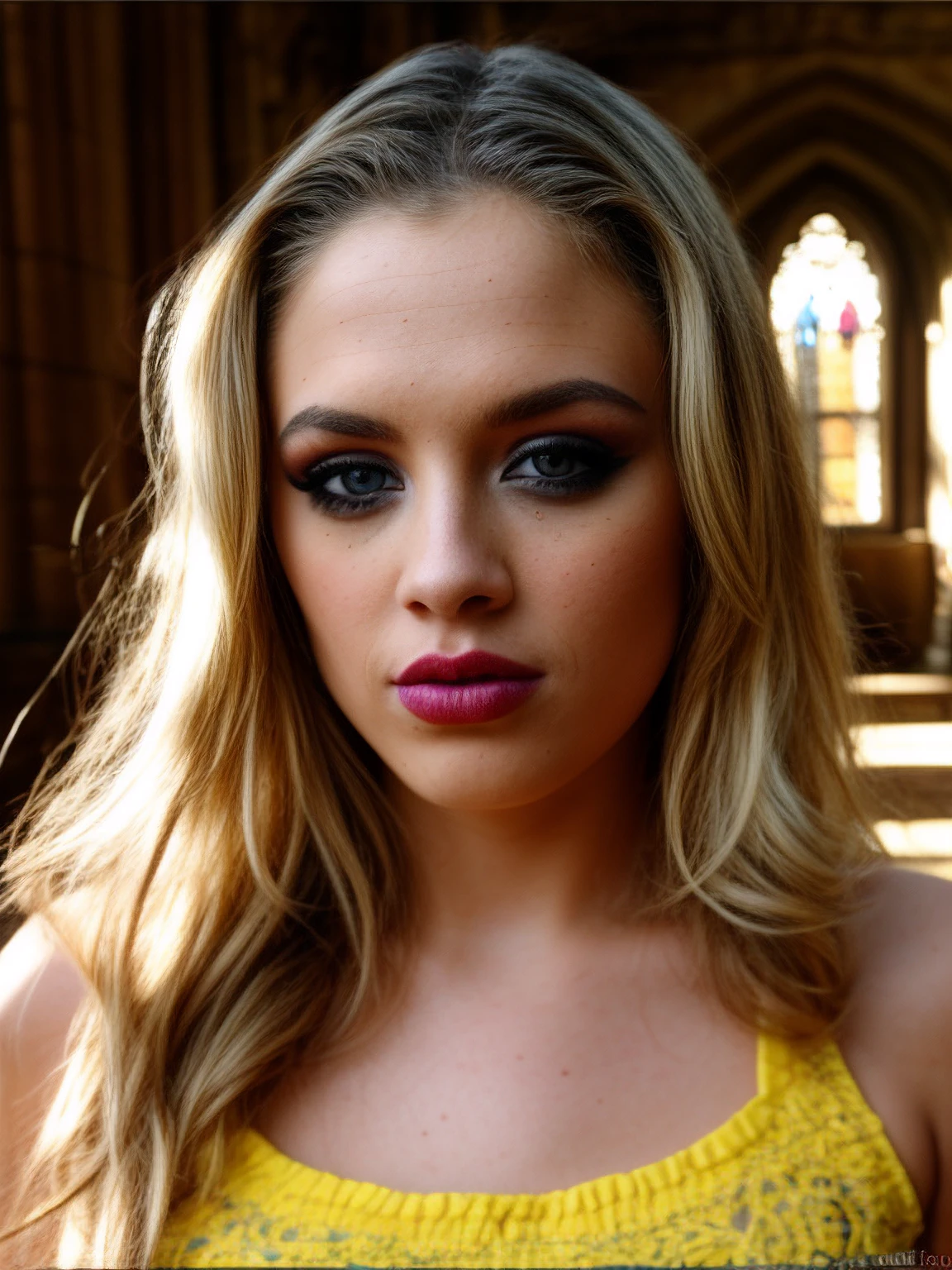 kakox, rim lighting, princess, sunlight through hair, lipstick, inside gothic castle, yellow top, detailed eyes, blonde hair, intricate embroidery, extreme details, high definition, masterpiece, looking at viewer, lips, ribbon
