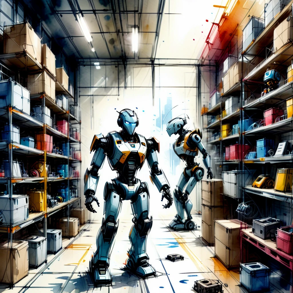 scribble, watercolor, subversive, exciting, croquis, xslx, multi image, robot posing in a large hangar with a lot of robotic spare parts in the shelves