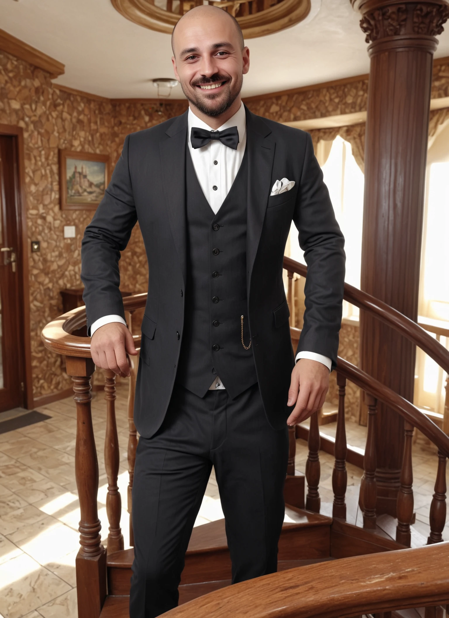 photorealistic 8k raw photo of a man, zdnlz, Casino Card Dealer Suit, smile, dynamic pose, perfect sharp eyes, highly detailed skin texture, Spiral Staircases in Old Lighthouses, <lora:DoNLoRa XL - 03:1>