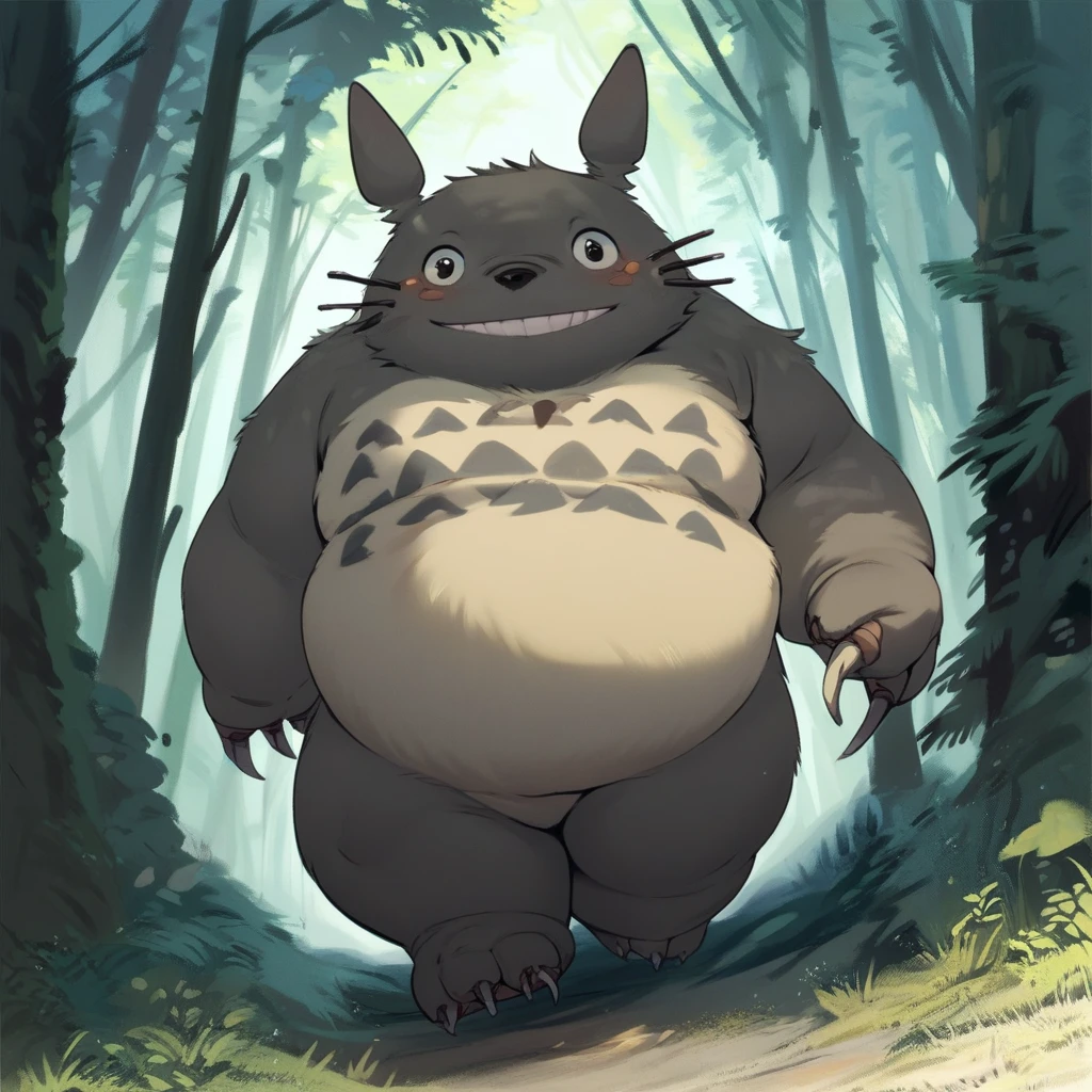 score_9, score_8_up, score_7_up, score_6_up, score_5_up, score_4_up, totoro, studio ghibli, furry, fat, yellow fluffy belly, grey skin, big smile, claws, outside, forest background, forest scenery, wandering in the forest, walking, looking at viewer, smiling