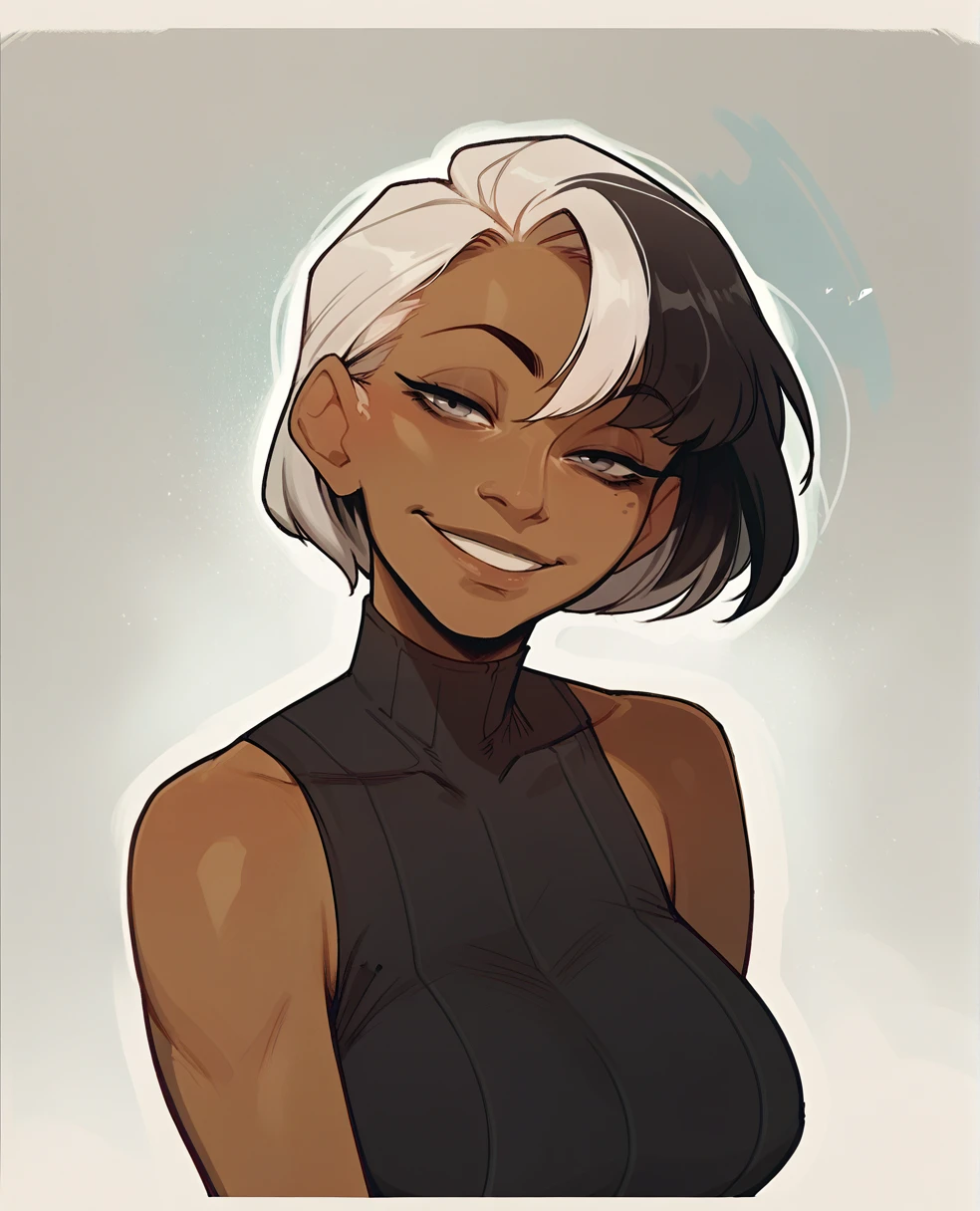 score_9, score_8_up, score_7_up, <lora:incaseV4:1>
white hair, 1girl, two-tone hair, black hair, large breasts, short hair, dark-skinned female, grey eyes, smile, head tilt, half-closed eyes,