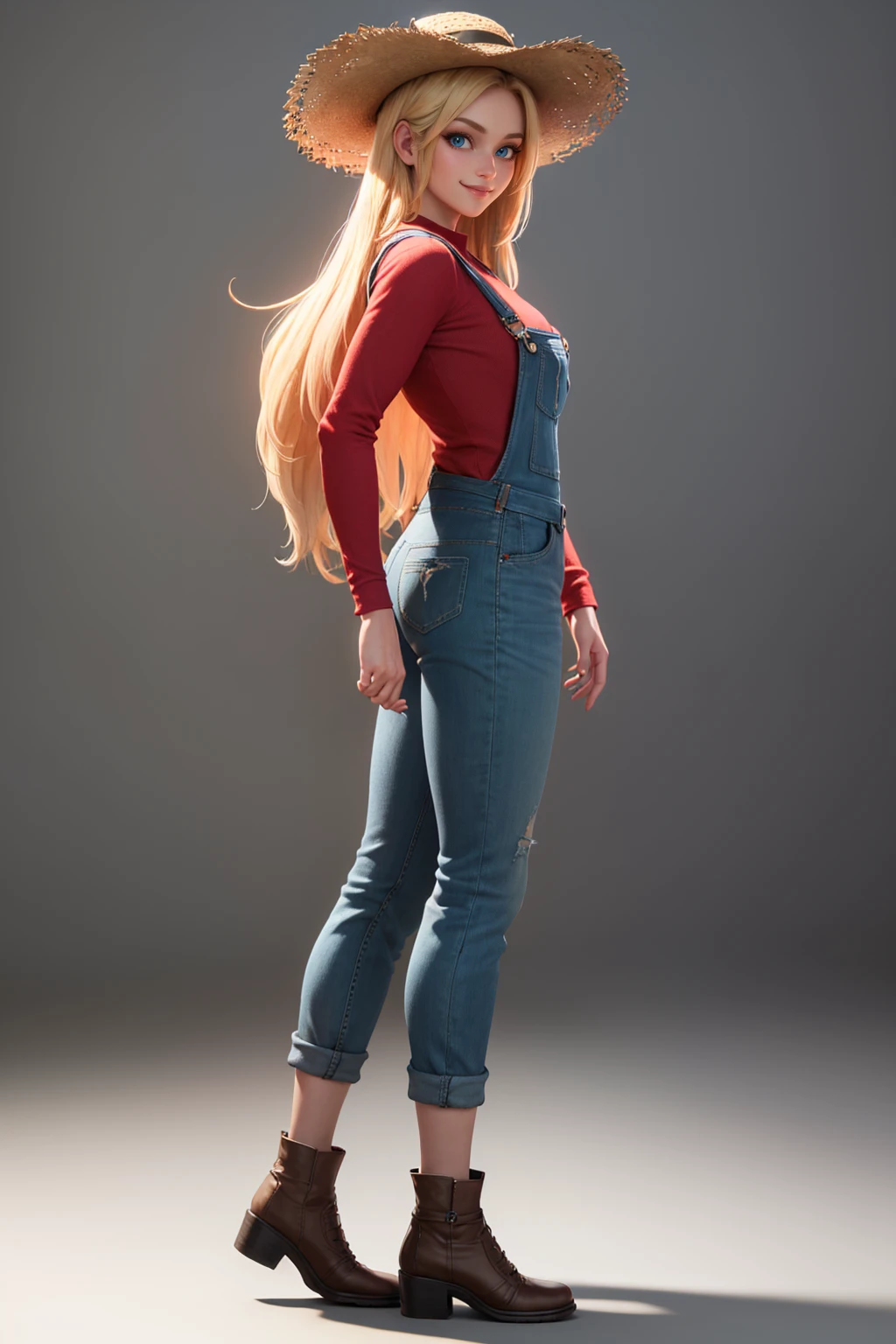 (masterpiece, best quality:1.2), highly detailed, unreal engine render, intricate, ultra hd, 1girl, solo, blonde hair, long hair, blue eyes, standing, looking at viewer, from side, smile, full body, red shirt, long sleeves, overalls, straw hat