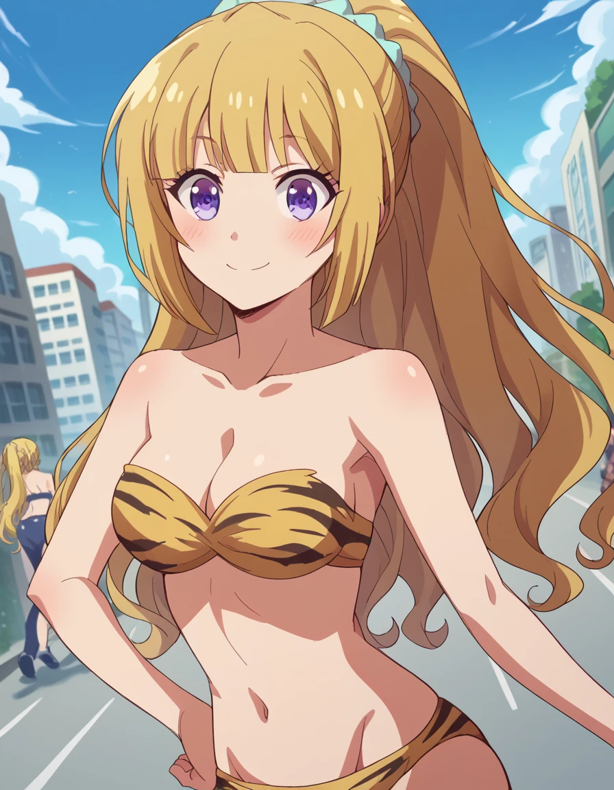 score_9, score_8_up, score_7_up, source_anime, keikaruizawa, <lora:kei-karuizawa-anime-s2-ponyxl-lora-nochekaiser:1>, kei karuizawa, long hair, bangs, blunt bangs, purple eyes, blonde hair, hair ornament, ponytail, scrunchie, blue scrunchie,, <lora:lum-cosplay-ponyxl-lora-nochekaiser:1>, lumcosplay, navel, cleavage, swimsuit, bikini, strapless, animal print, yellow bikini, tiger print, strapless bikini,, outdoors, cityscape, street, smile, blush,, cowboy shot, dutch angle,
