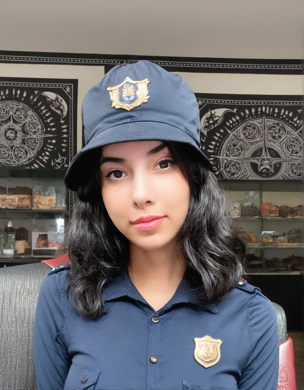 score_9,score_8_up,score_7_up, 1girl,long hair,black hair,detailed face, looking at viewer,susujpg,,big tits,wearing a police uniform,cap, indoors,cafe, black eyes, <lora:susujpg-pny:1> face closeup