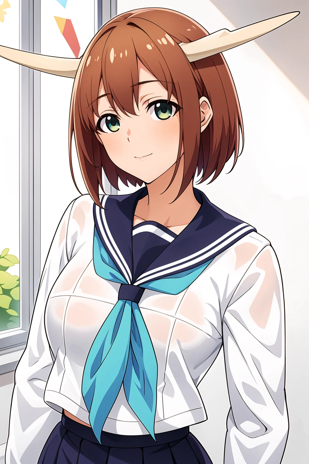 Simple Background,White Background,
dynamic pose,standing at attention,
neckerchief, long sleeves, pleated skirt, sailor collar, school uniform, serafuku, 
<lora:Nokotan_MyDeer-KK77-V1:0.7>,long Tails on her head,(horns:1.4), 
Green eyes, brown hair,bangs,Short hair,
<lora:more_details:0.1>,<lora:Oda_Non_Style-KK77-V2:0.3>,<lora:Sexy_AIart-KK77-V1:0.3>,
1 girl, 20yo,Young female,Beautiful long legs,Beautiful body,
Beautiful Nose,Beautiful character design, perfect eyes, perfect face,expressive eyes,perfect balance,
looking at viewer,(Focus on her face),closed mouth, (innocent_big_eyes:1.0),(Light_Smile:0.3),
official art,extremely detailed CG unity 8k wallpaper, perfect lighting,Colorful, Bright_Front_face_Lighting,White skin,
(masterpiece:1.0),(best_quality:1.0), ultra high res,4K,ultra-detailed,
photography, 8K, HDR, highres, absurdres:1.2, Kodak portra 400, film grain, blurry background, bokeh:1.2, lens flare, (vibrant_color:1.2),professional photograph,
(Beautiful,small_breasts:1.0), (beautiful_face:1.5),(narrow_waist),