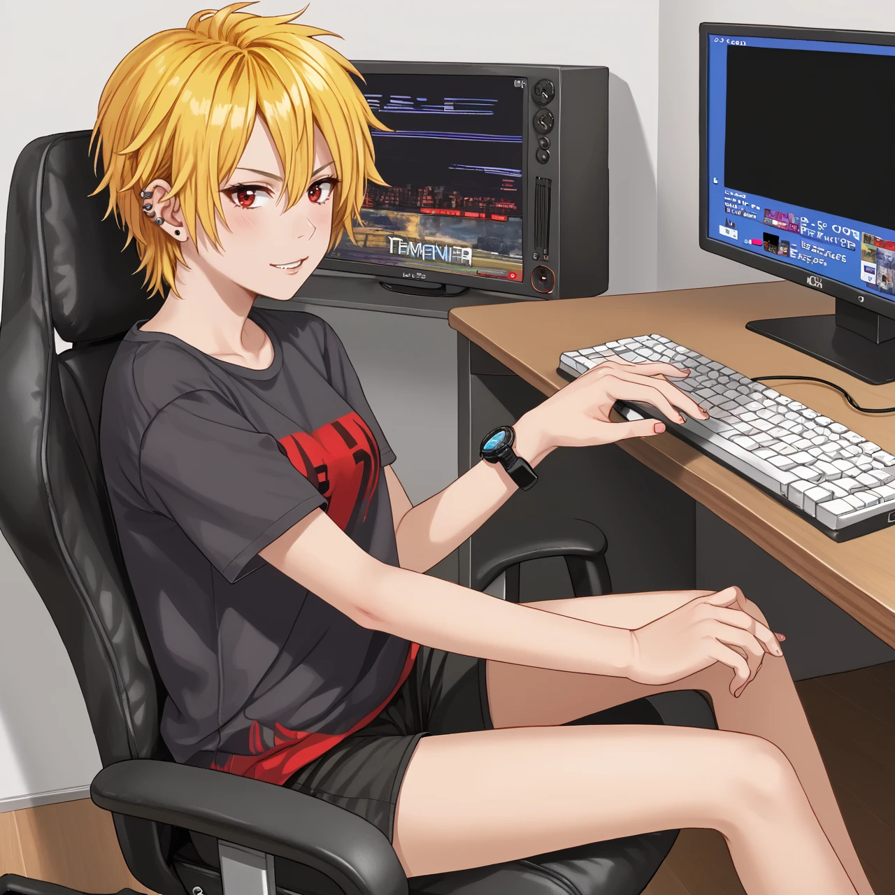 1girl, solo, sit, gamer chair, desk, monitors, keyboard, medium breasts <lora:96nekoXLpony:1> 96neko, tomboy, yellow hair, multi-colored hair, red eyes, ear piercing, lip piercing, wristwatch, shirt, shorts