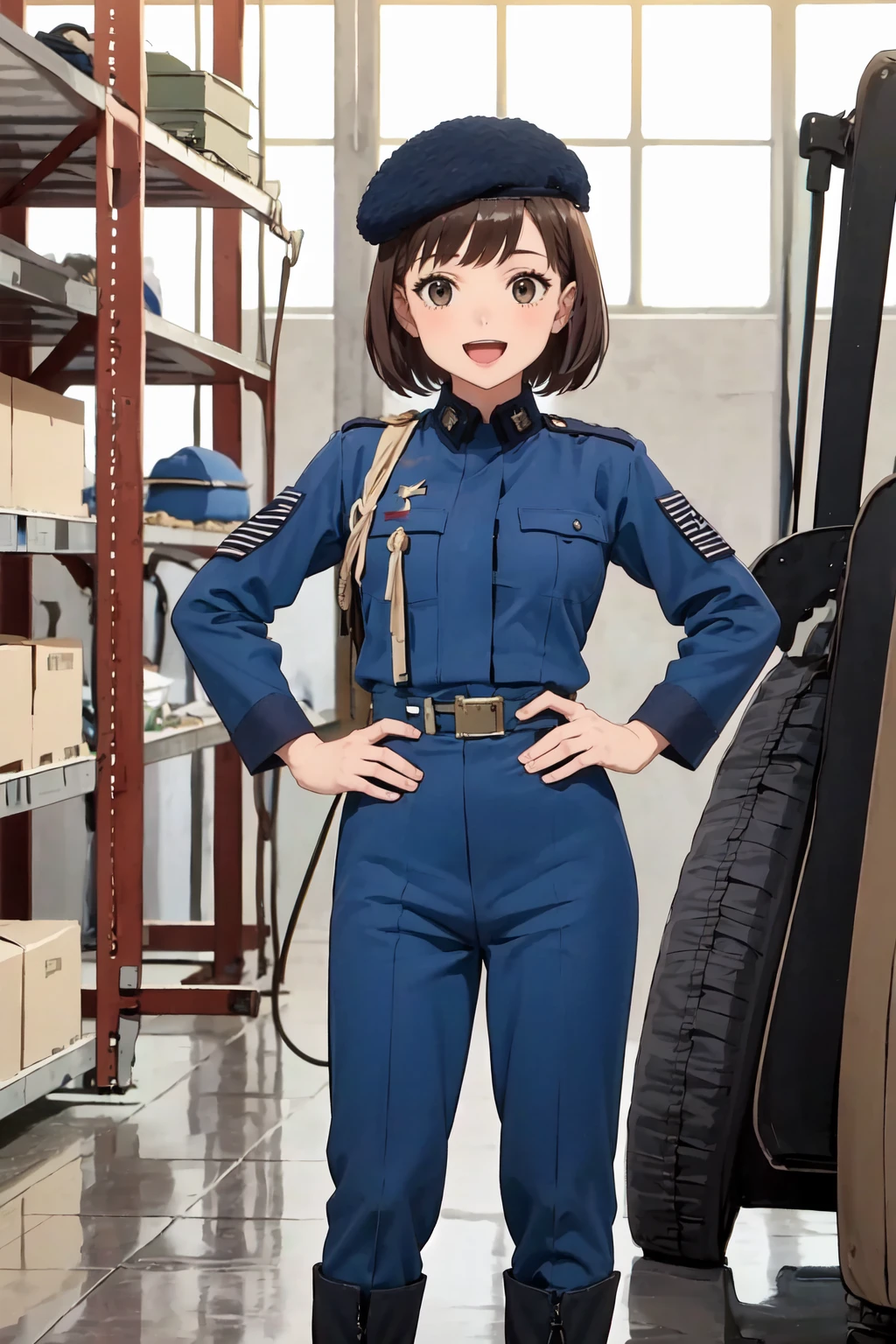 masterpiece,best quality,1girl,solo,short brown hair,standing,sacelite, <lora:SacELITE:0.75>,blue uniform,military,pants,boots,hands on hips,happy,:d,blue beret,indoors,straight on,in warehouse,small breasts,mature female,straight on