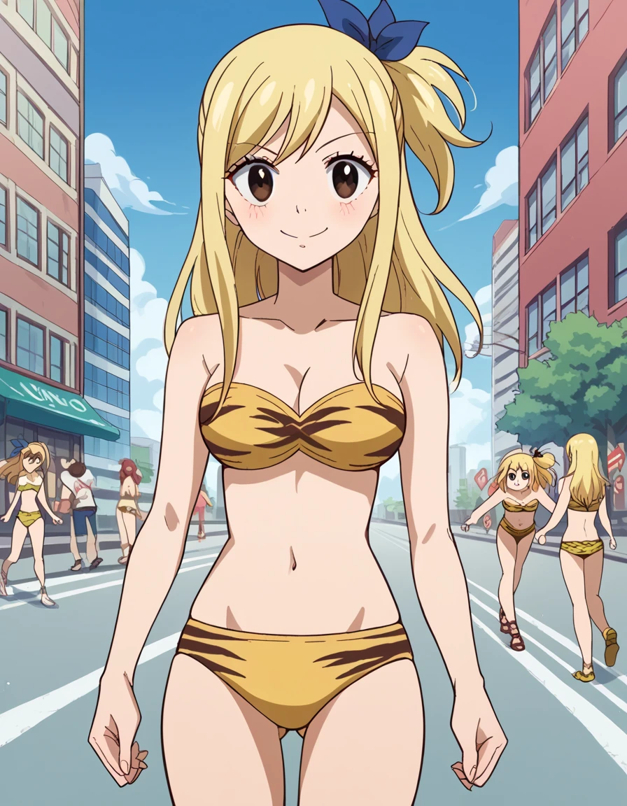 score_9, score_8_up, score_7_up, source_anime, lucyheartfilia, <lora:lucy-heartfilia-s7-ponyxl-lora-nochekaiser:1>, lucy heartfilia, blonde hair, brown eyes, long hair, one side up, ribbon, hair ribbon, blue ribbon,, <lora:lum-cosplay-ponyxl-lora-nochekaiser:1>, lumcosplay, navel, cleavage, swimsuit, bikini, strapless, animal print, yellow bikini, tiger print, strapless bikini,, outdoors, cityscape, street, smile, blush,, cowboy shot, dutch angle,