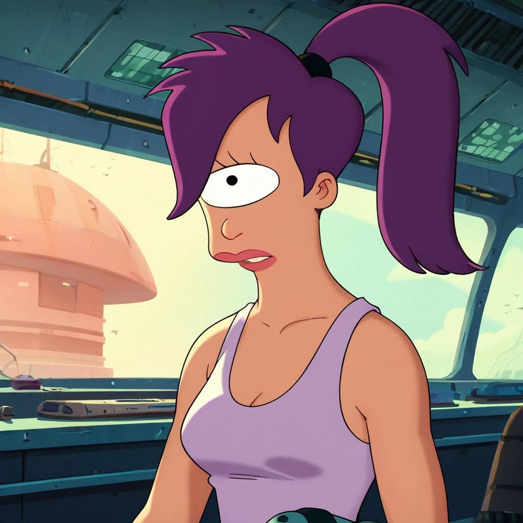 score_9, score_8_up, score_7_up, score_6_up, score_5_up, score_4_up, Leelafut, in a spaceship, tank top, cyclops , purple hair, ponytail