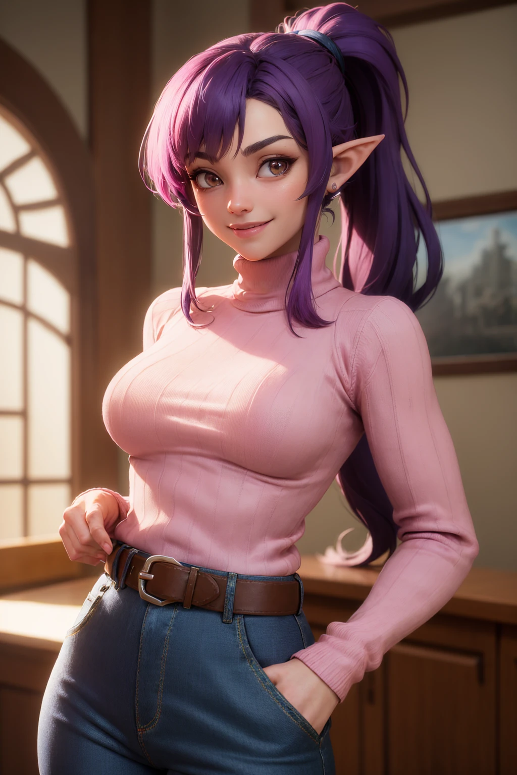 (masterpiece, best quality:1.2), highly detailed, unreal engine render, intricate, ultra hd, 1girl, purple hair, pointy ears, long hair, ponytail, (wearing a pink turtleneck sweater:1.2), belt, dark blue pants, shirt tucked in, smile
