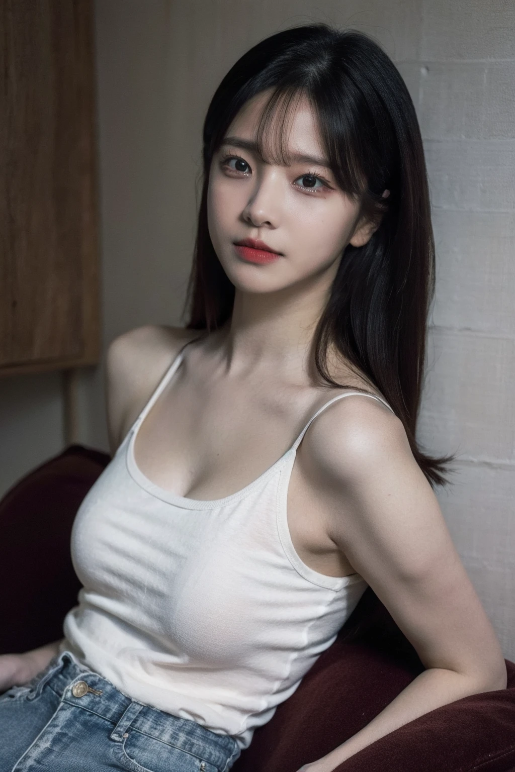 (realistic), (hyperrealism),best quality, masterpiece,ultra high res, (photorealistic:1.4),1girl,(looking at viewer:1.2),1girl, solo, realistic, looking at viewer, parted lips,  short jeans, tanktop, upper body,
,<lora:makina69_parkminjung_v2.0:1>