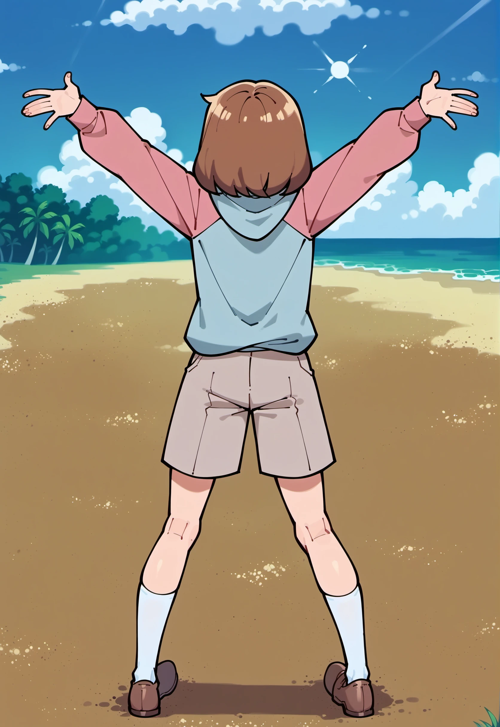 score_9, score_8_up, score_7_up, score_6_up,
BREAK
SharlaMWS, 1girl, sharla \(mujin wakusei survive\), facing away, glasses, brown hair, medium hair, bangs, solo, small breast, upper body, full body, from behind, back, standing, spread legs, spread arms, arms up
BREAK
pink hoodie, hood down, long sleeves, pink collared shirt, brown shorts, white legwear, brown shoes
BREAK
outdoors, beach, ocean, sand, fores, grass, tree, sun, blue sky, sky, daylight, day, cloud, horizon   <lora:Sharla_PlanetSurvival:1>