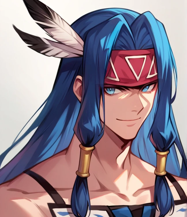 score_9, score_8_up, score_7_up, source_anime, rating_questionable, 1man, solo, upper body, simple bg, 

silva_sk, looking at viewer, smile, closed mouth, blue hair, upper body, midriff, headband, hair tubes, feathers, feather hair ornament