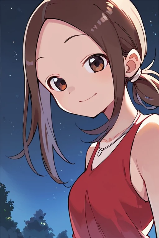 score_9, score_8_up, score_7_up, score_6_up, score_5_up, score_4_up <lora:motoTakagi:0.7> motoTakagi, takagi-san, brown eyes, low ponytail, 1girl, solo, red dress, sleeveless,  necklace, smile, night, looking at viewer,