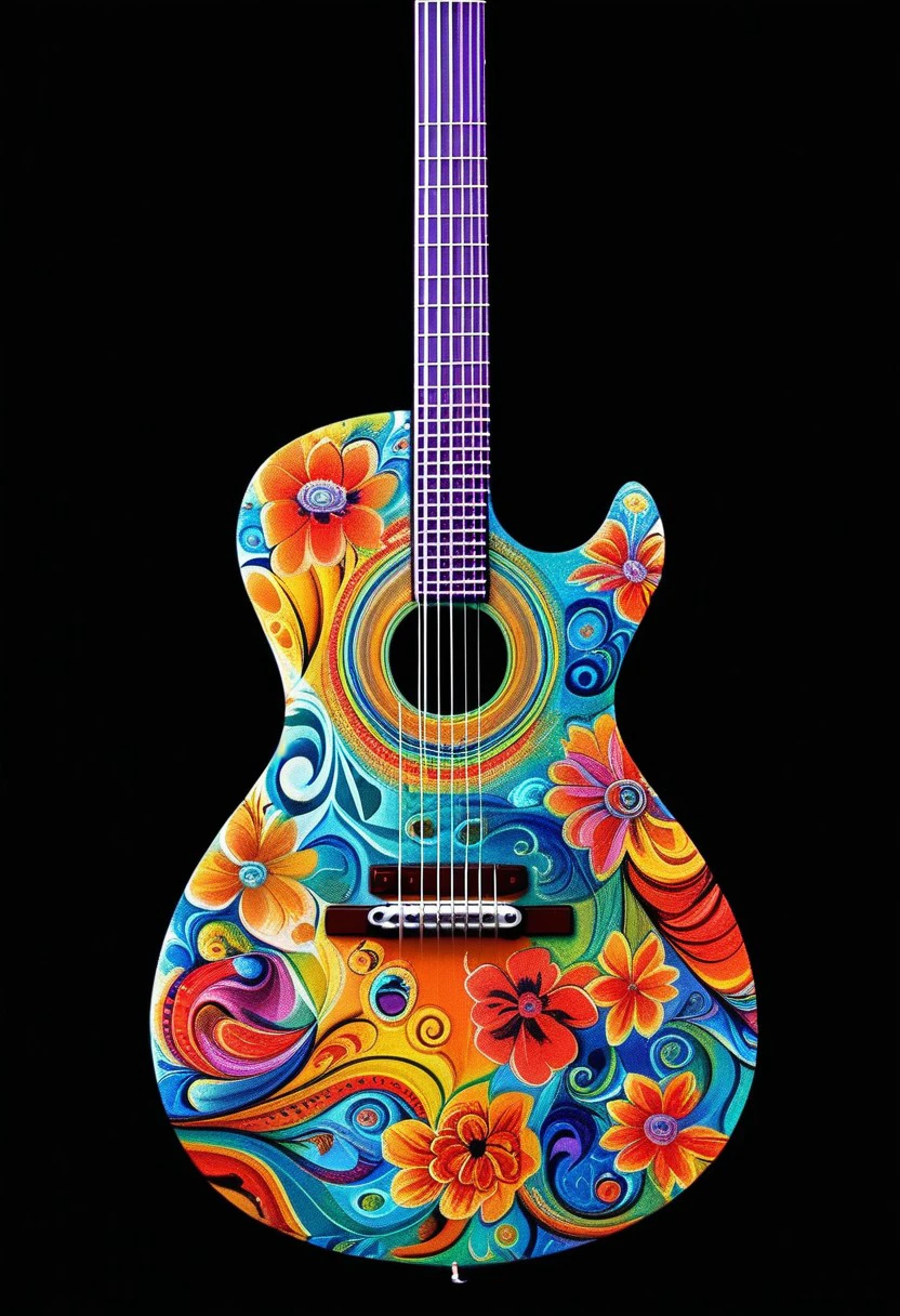 A vibrant and colorful guitar adorned with intricate, swirling patterns. The guitar's body is filled with a myriad of designs, including flowers, waves, and abstract shapes. The background is dark, providing a stark contrast to the guitar's lively colors. The guitar's strings are visible, stretching from the top to the bottom. The overall artwork seems to blend the world of music with vivid artistic expression.