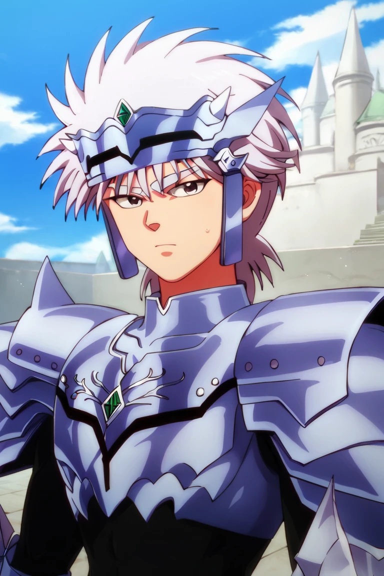 score_9,score_8_up,score_7_up,source_anime,1boy,solo,looking at viewer,Hyunckel,lavender hair, black eyes,Dark Armour Spear,armor,helmet, outdoors, upper body, holding weapon, polearm<lora:EMS-416500-EMS:1.000000>